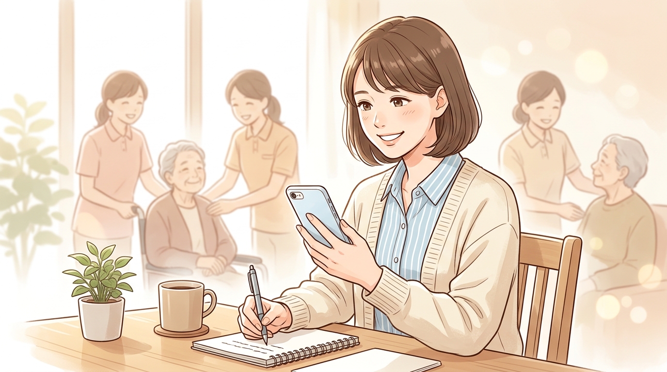 介護タウンの口コミや評判をスマートフォンで調べてメモを取る女性のイラスト