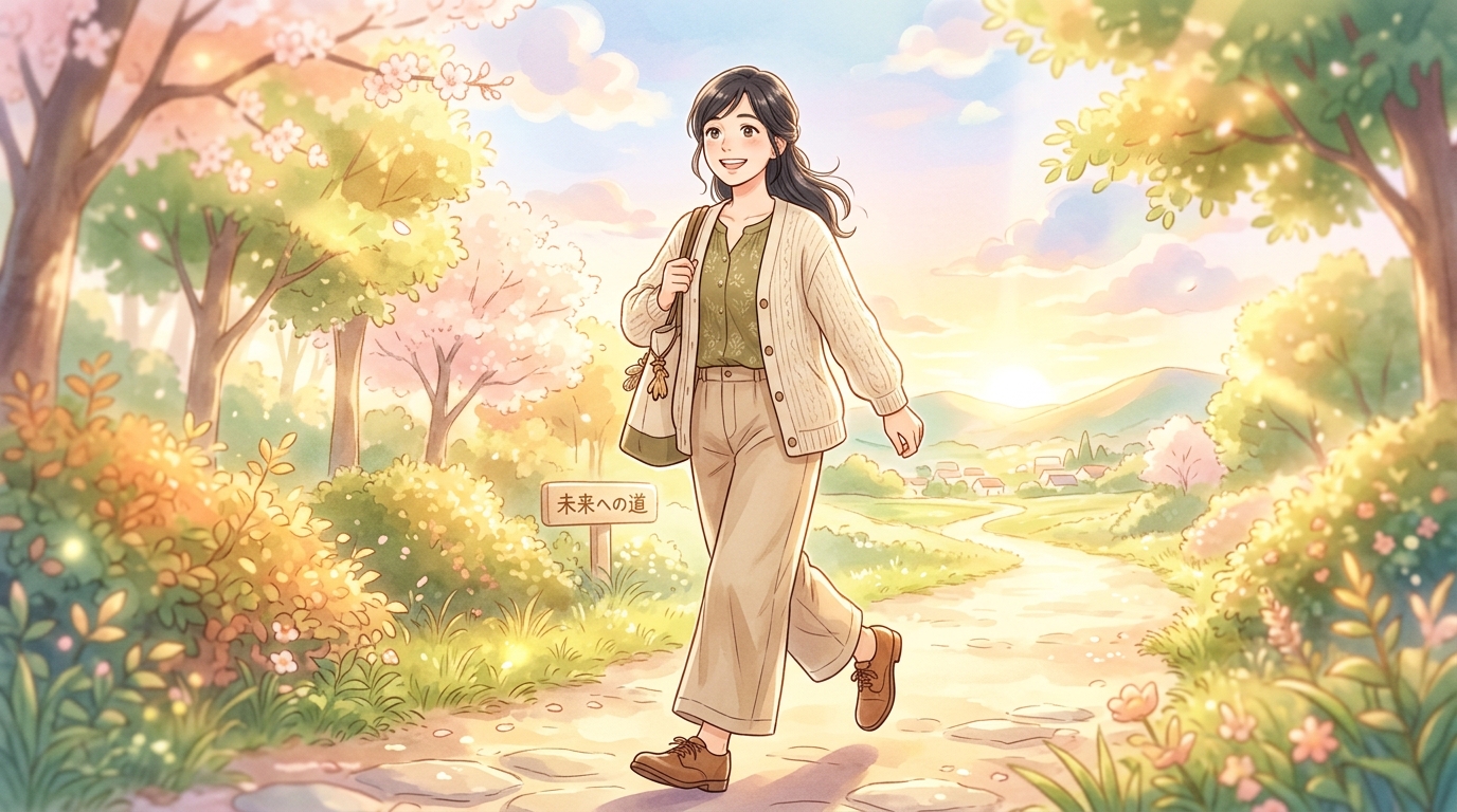介護タウンへの相談をきっかけに明るい未来への道を前向きに歩み出す女性のイラスト