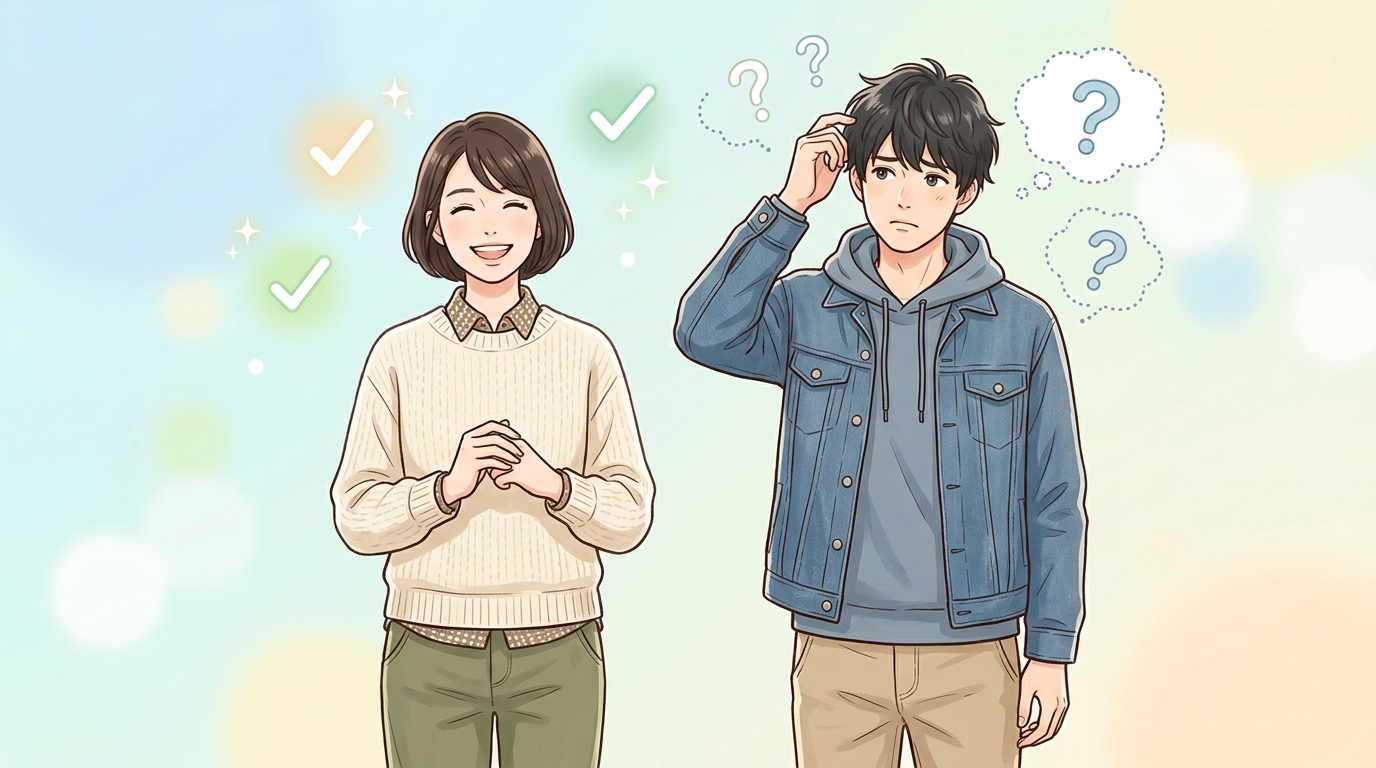 自分に合うかどうかをメリットとデメリットで比較検討している様子のイラスト
