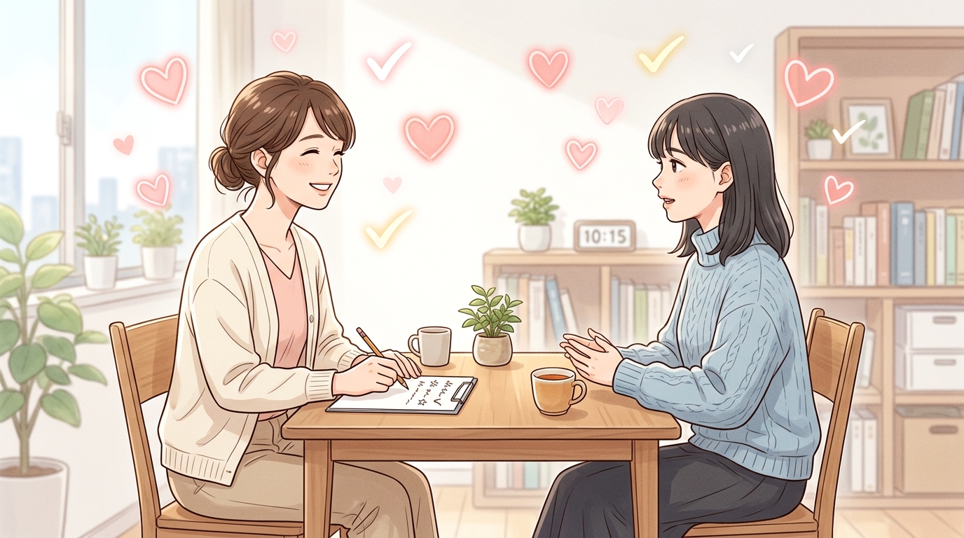 親身に相談に乗ってくれる介護タウンのキャリアアドバイザーと求職者の女性のイラスト