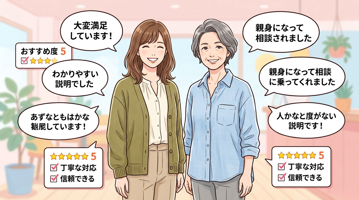 介護タウンを利用した方々の満足度の高い口コミや高評価の声をまとめたイラスト