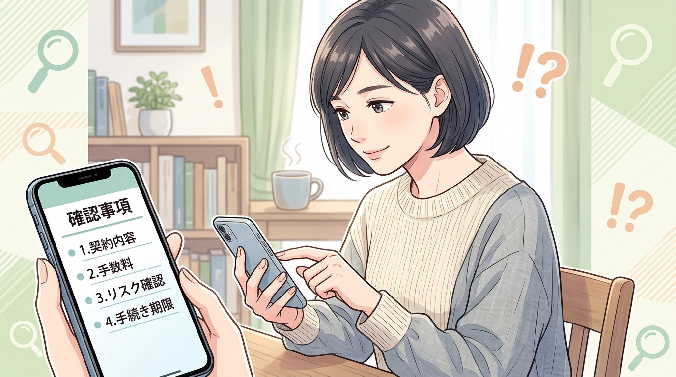 介護タウンの登録前に確認したいチェックリストがスマートフォン画面に表示されているイラスト