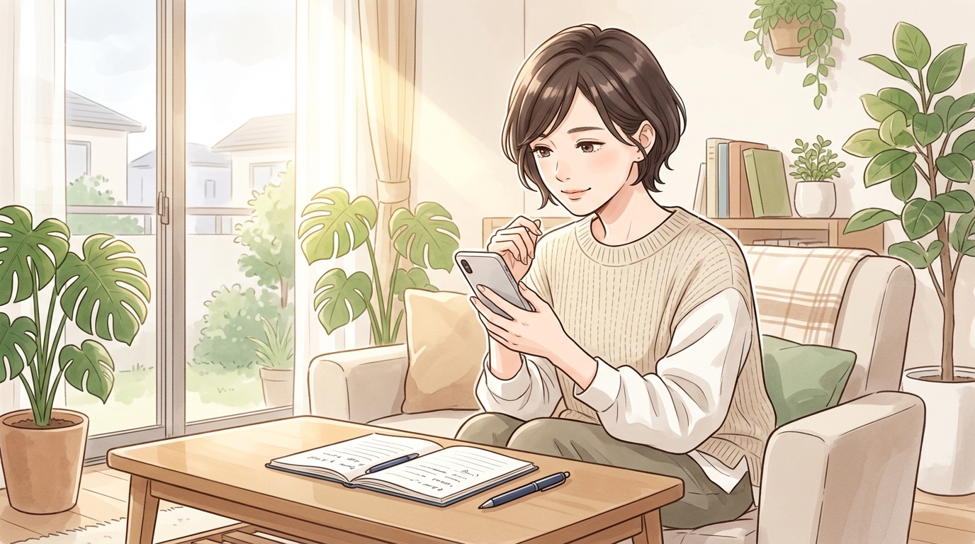 明るいリビングのソファでスマートフォンを笑顔でリラックスして眺める女性のイラスト
