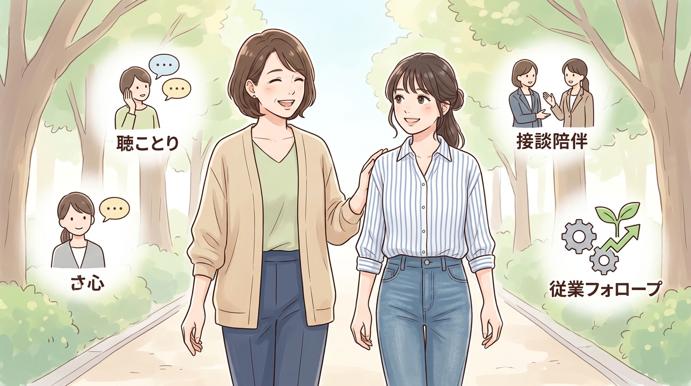 緑豊かな道を笑顔で歩く女性たちと、ヒアリング・同行・就業後フォローなどのサポート体制を示すアイコン