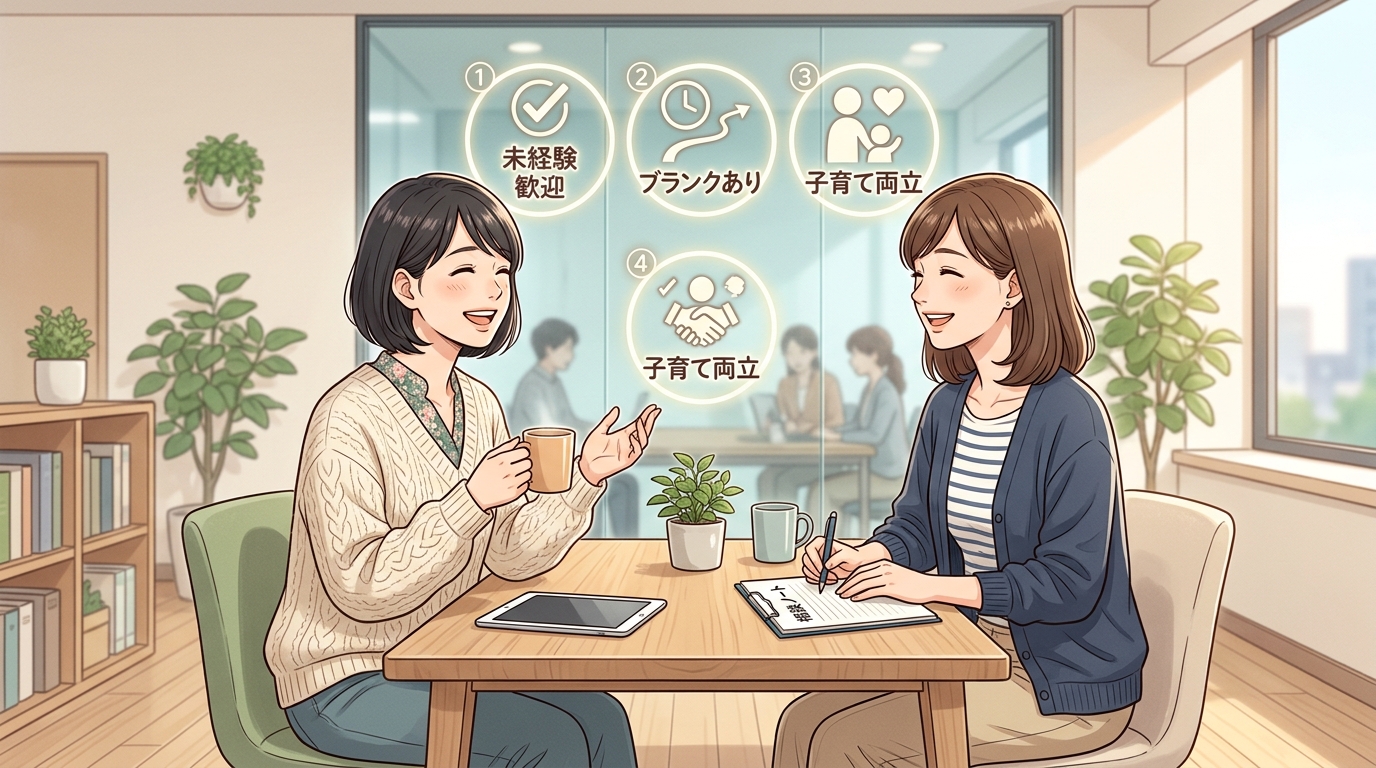 介護タウンの面談オフィスで笑顔で打ち合わせをする女性たちのイラスト。未経験歓迎・ブランクOKなどの強みが示されています